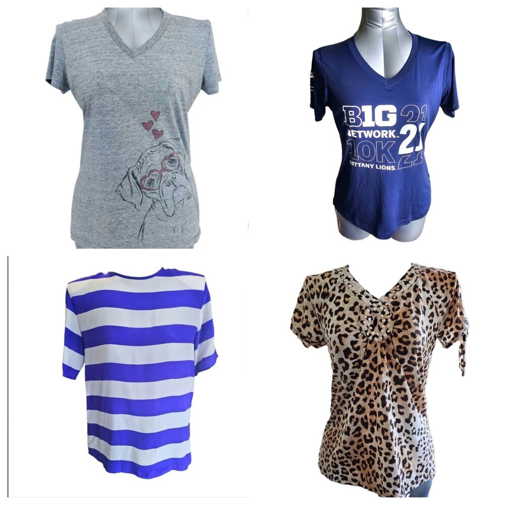 Lot of 4 Womens Shirts Size M T-Shirts Graphic Casual Animal Stripe Blue Grey